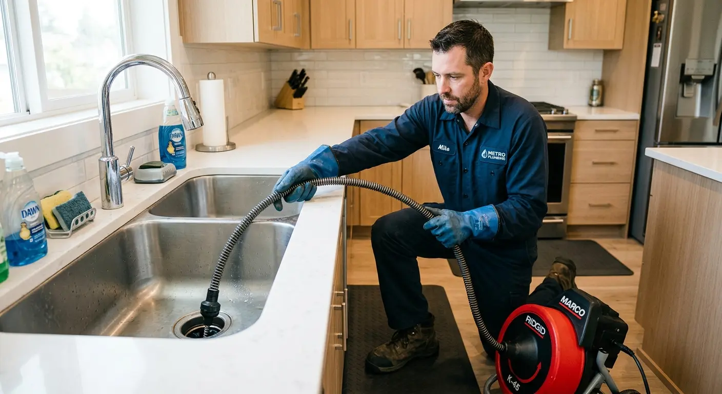 Drain cleaning technician using a motorized snake on a kitchen sink in Stoughton