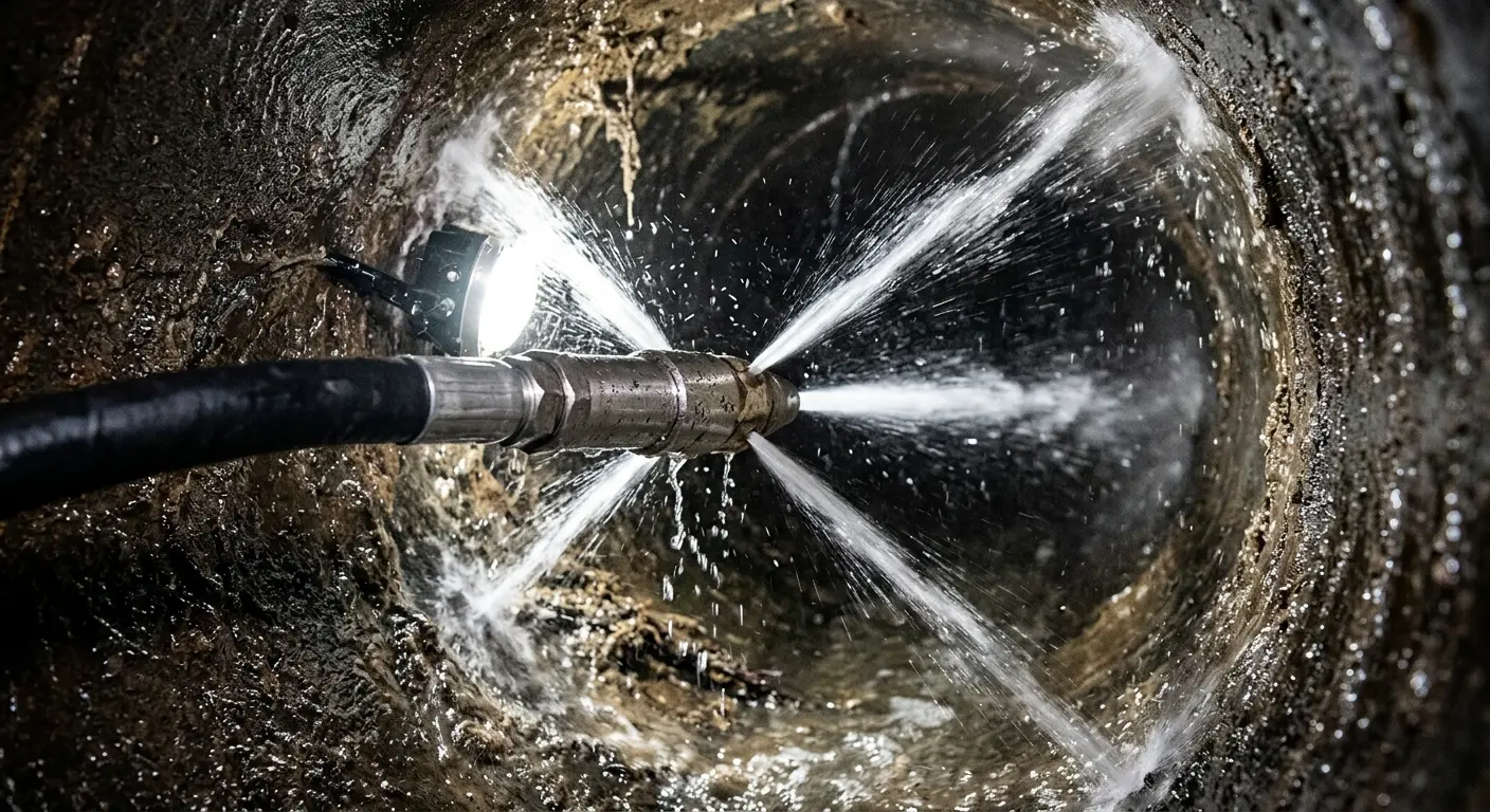 High-pressure hydro jetting nozzle cleaning sewer pipe for Sewer Cleanout in Stoughton