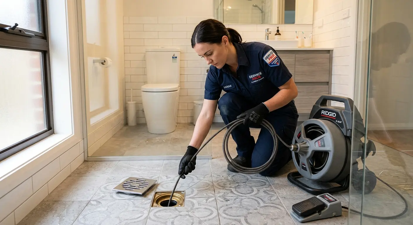 Technician clearing a bathroom floor drain for Drain Cleaning in Stoughton